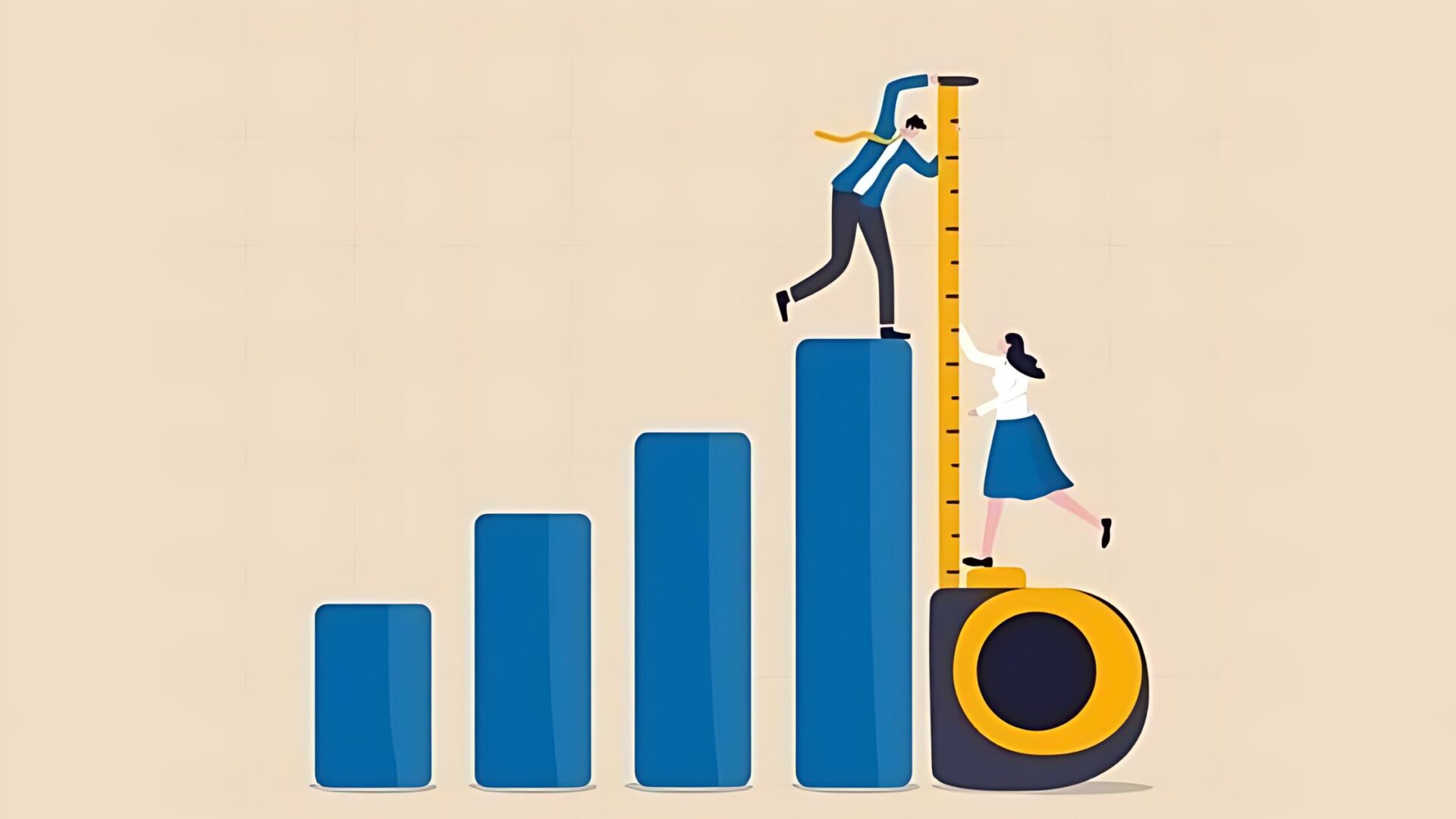 Image of a man and woman scaling a bar chart, representing remote team success.